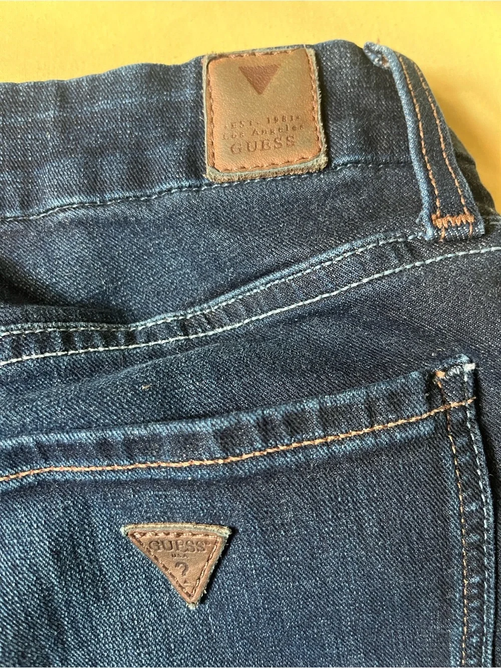 GUESS Power Cirvy Mid Dark Blue Denim Jeans with Brown Stitching Accents - Picture 1 of 7